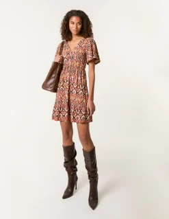 Button Through Elastic Waist And Neck Mini Dress
