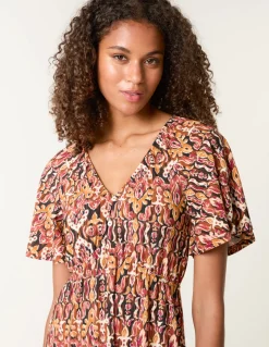 Button Through Elastic Waist And Neck Mini Dress
