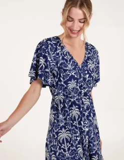 Button Through Elastic Waist Tropical Mini Dress