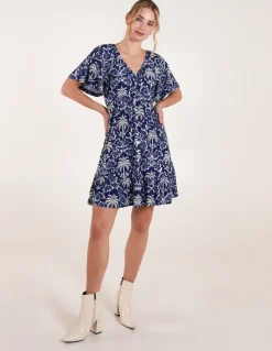 Button Through Elastic Waist Tropical Mini Dress