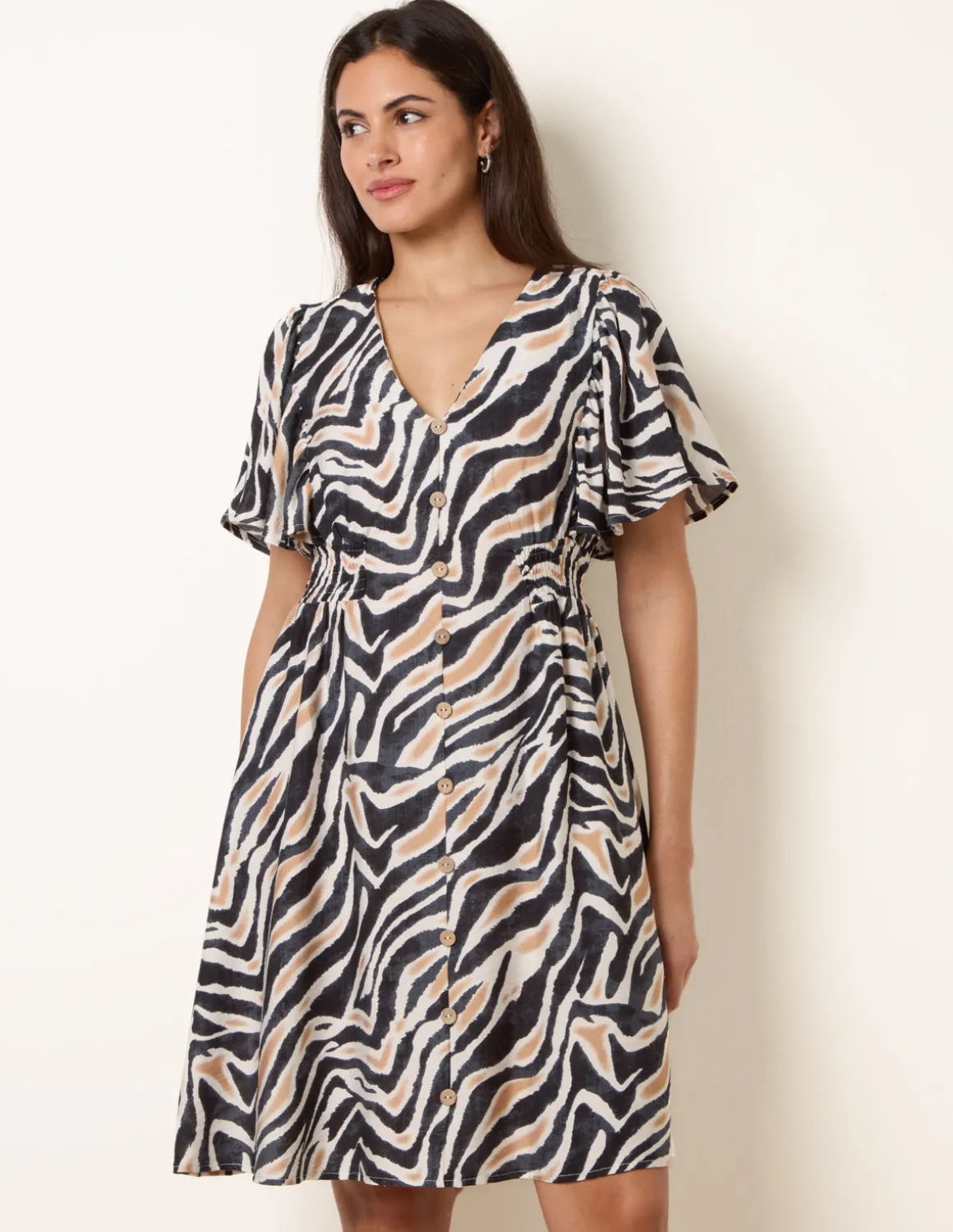 Coconut Button Shirred Waist Dress
