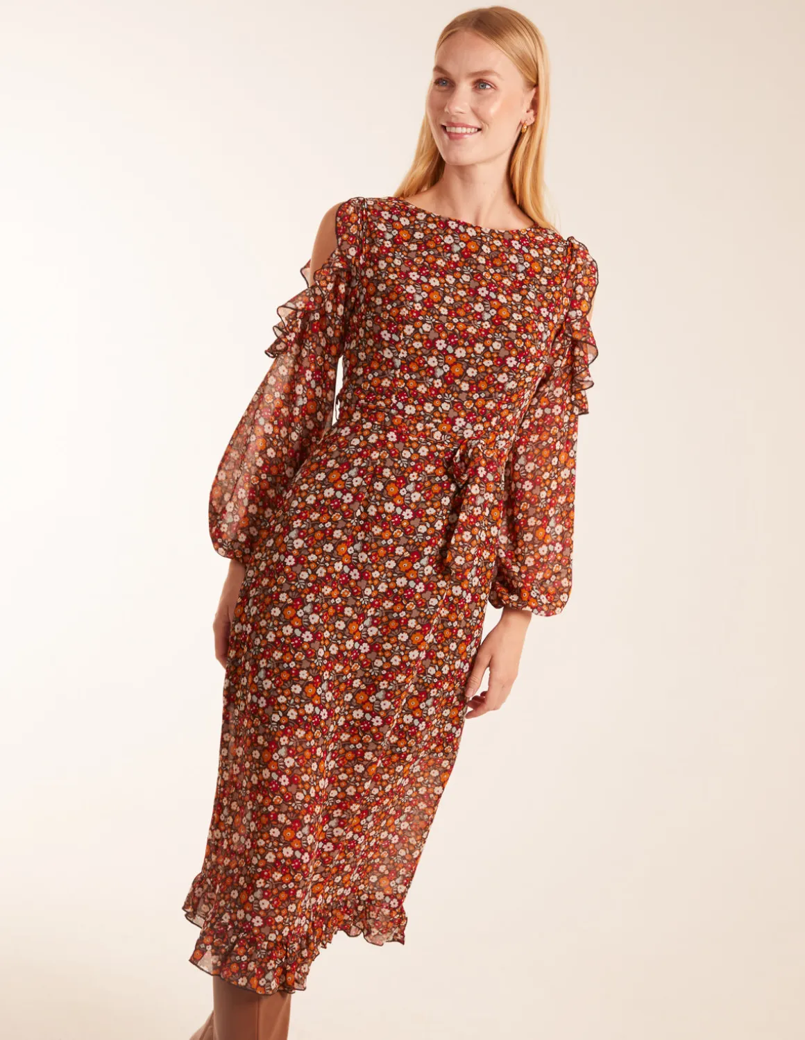 Cold Shoulder Frill Midi Dress