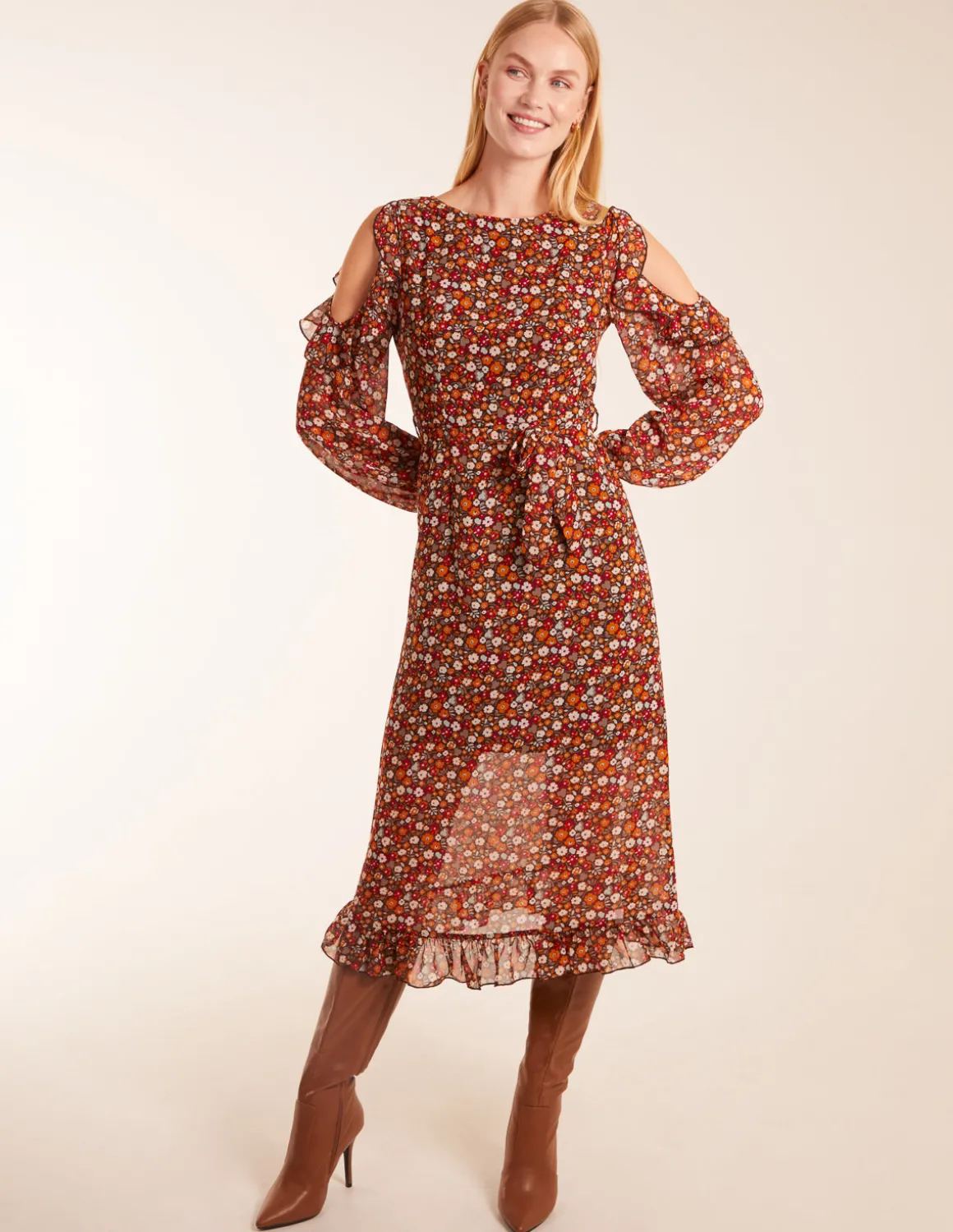 Cold Shoulder Frill Midi Dress