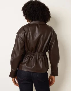 Collared Shirred Waist Faux Leather Jacket