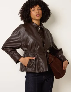 Collared Shirred Waist Faux Leather Jacket