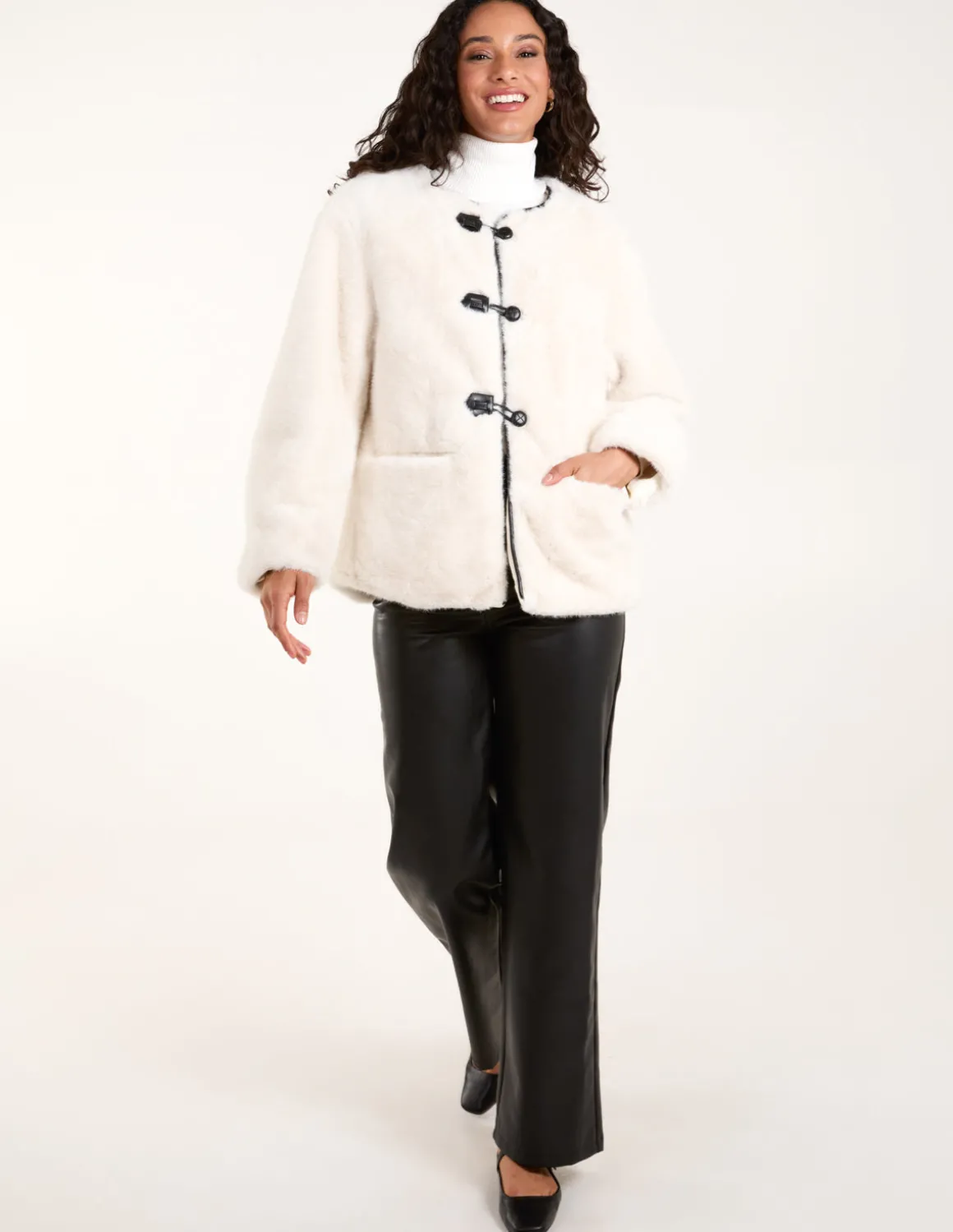 Collarless Toggle Detail Faux Fur Jacket