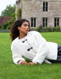 Collarless Toggle Detail Faux Fur Jacket