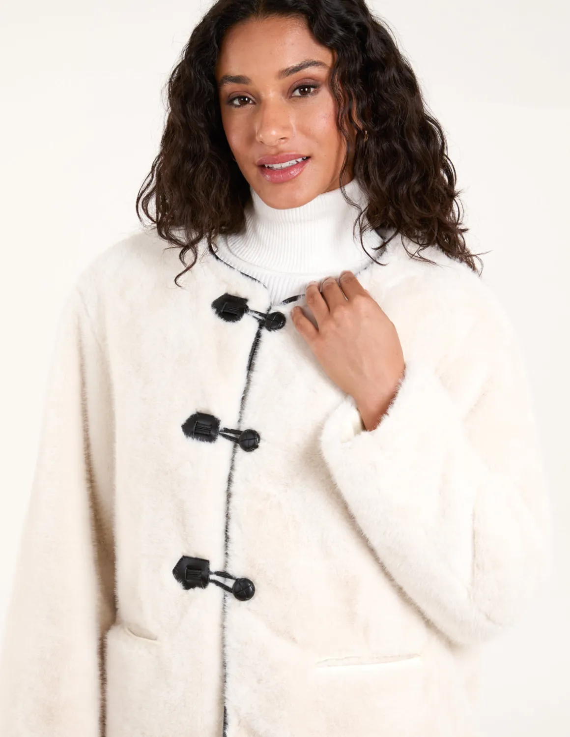Collarless Toggle Detail Faux Fur Jacket