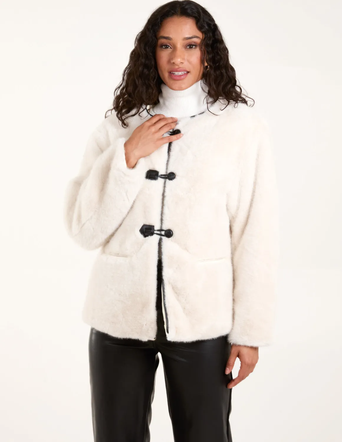 Collarless Toggle Detail Faux Fur Jacket