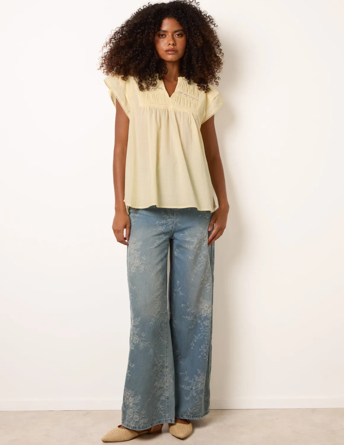 Cotton Embroidery Detail Ruffle Sleeve Top