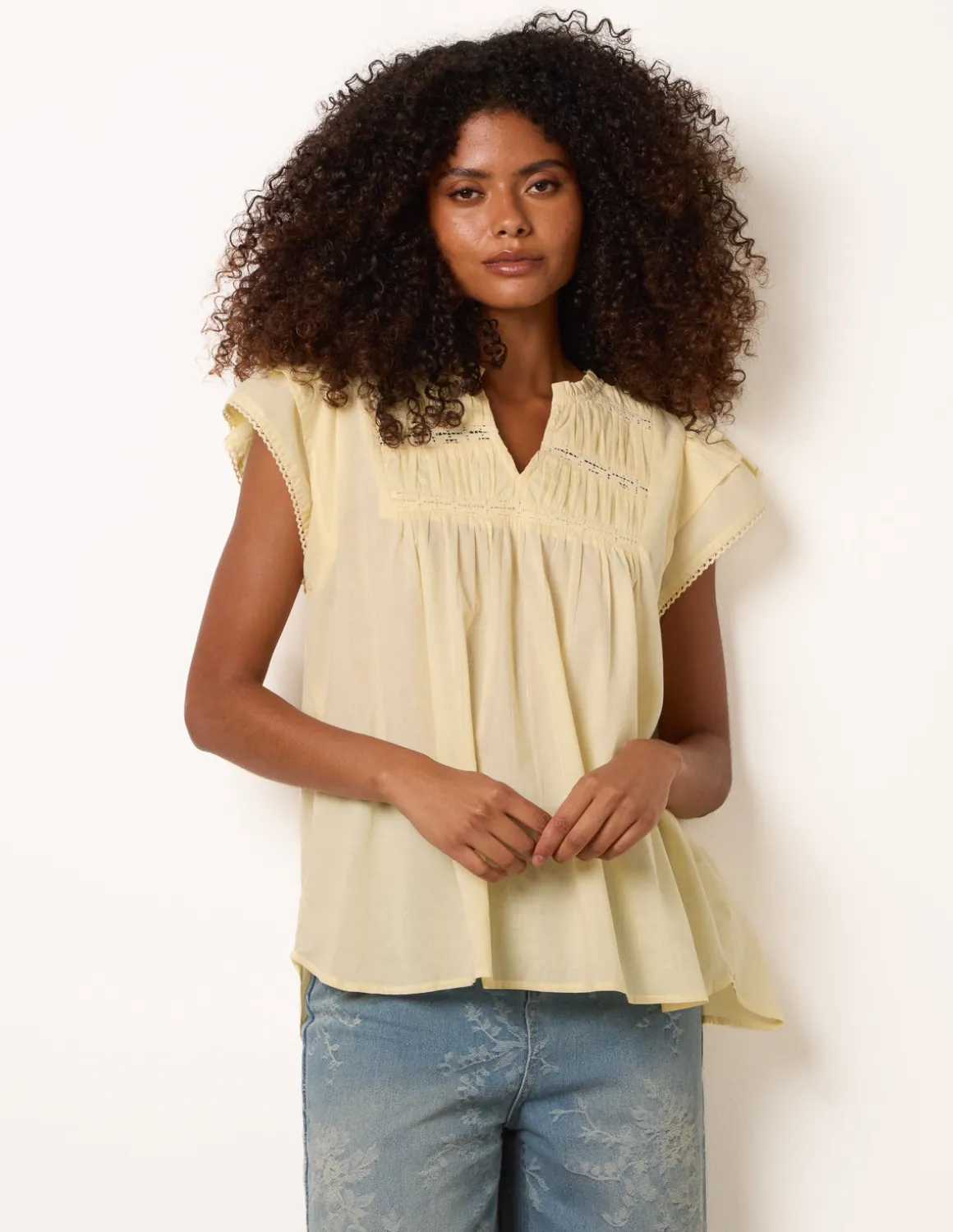 Cotton Embroidery Detail Ruffle Sleeve Top