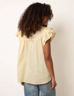Cotton Embroidery Detail Ruffle Sleeve Top