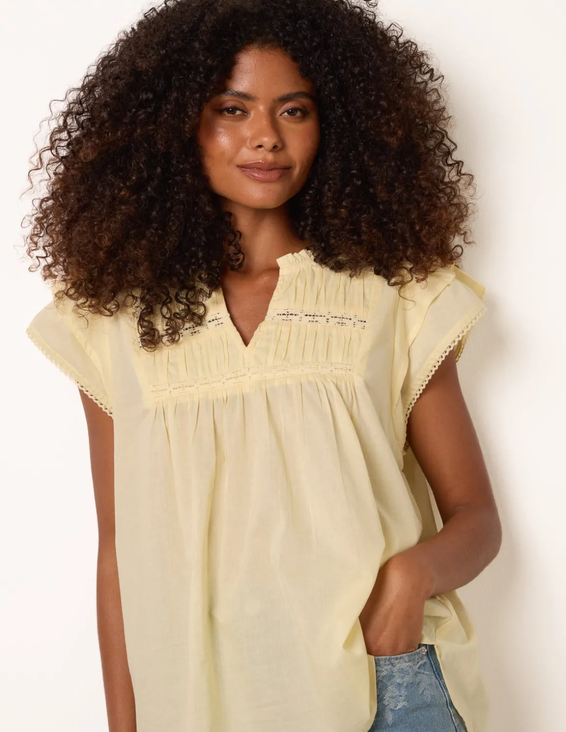 Cotton Embroidery Detail Ruffle Sleeve Top