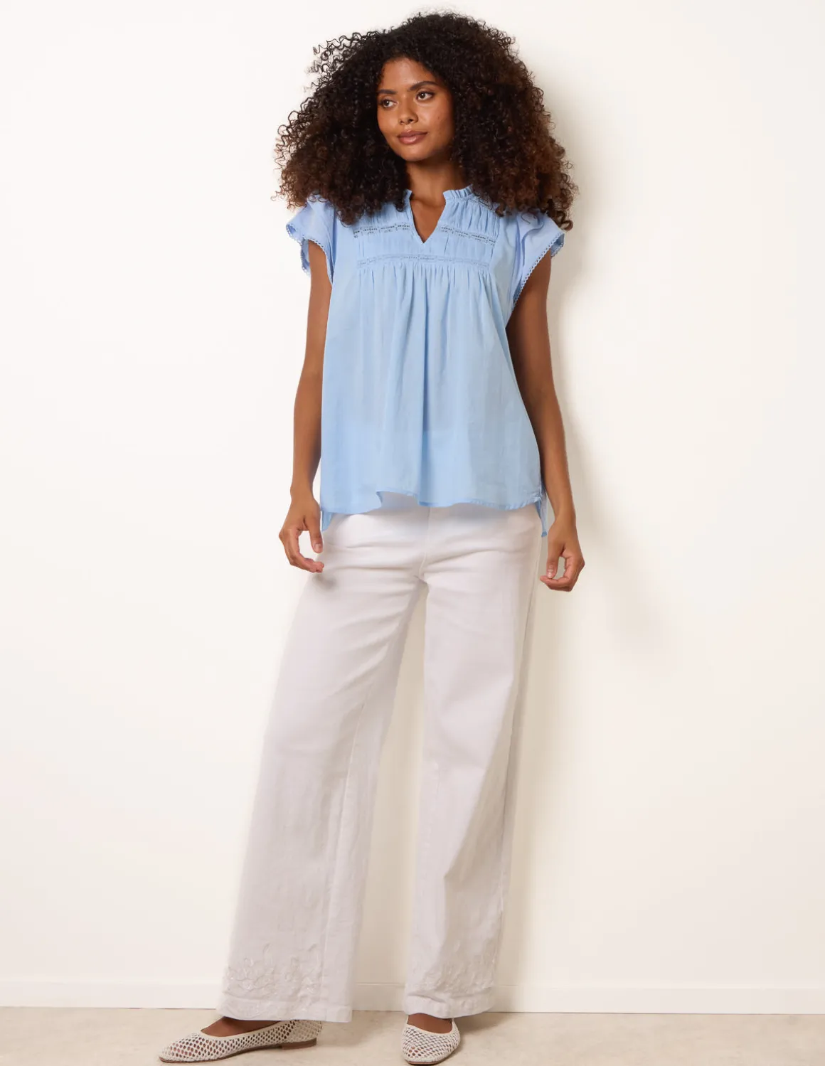 Cotton Embroidery Detail Ruffle Sleeve Top