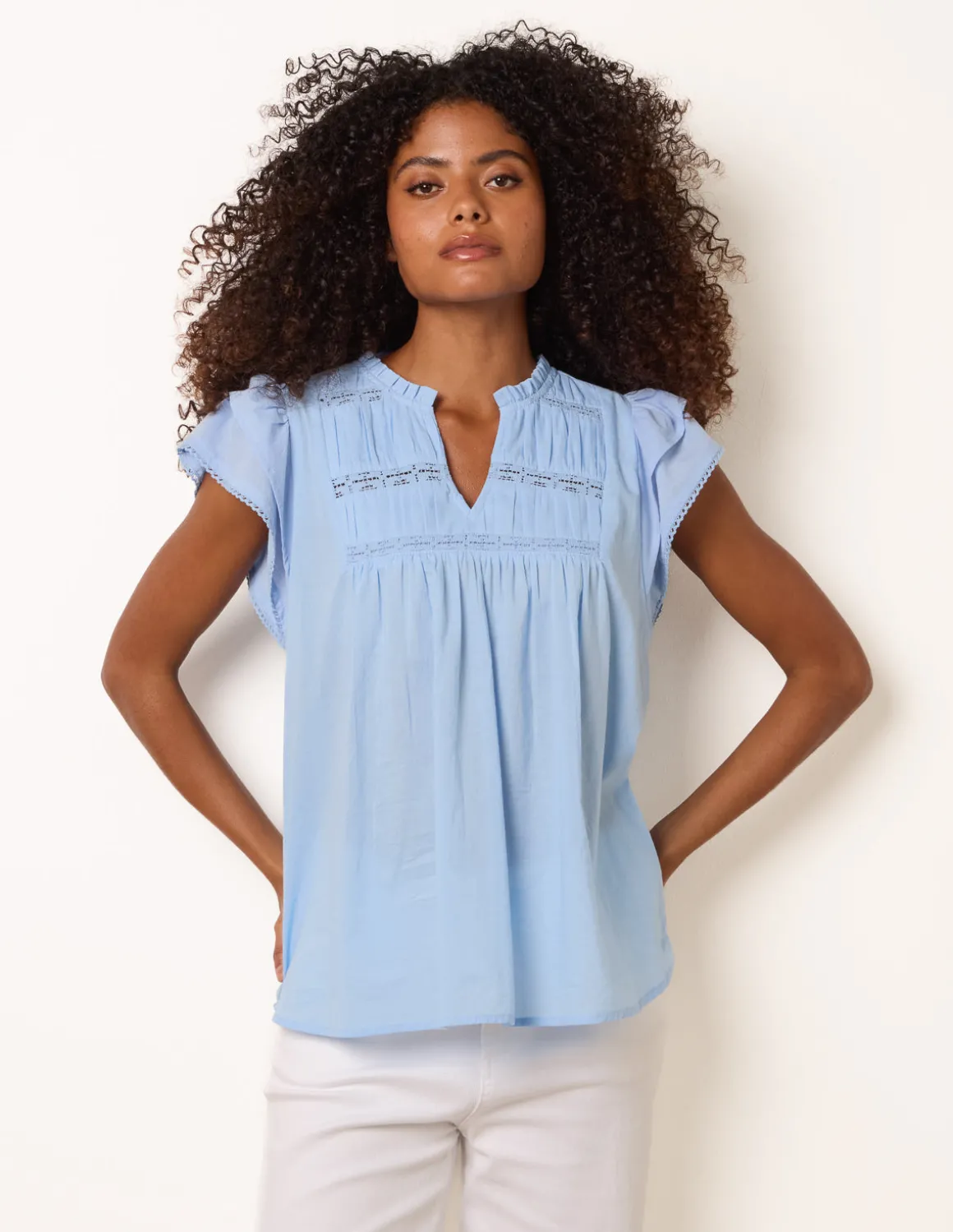 Cotton Embroidery Detail Ruffle Sleeve Top