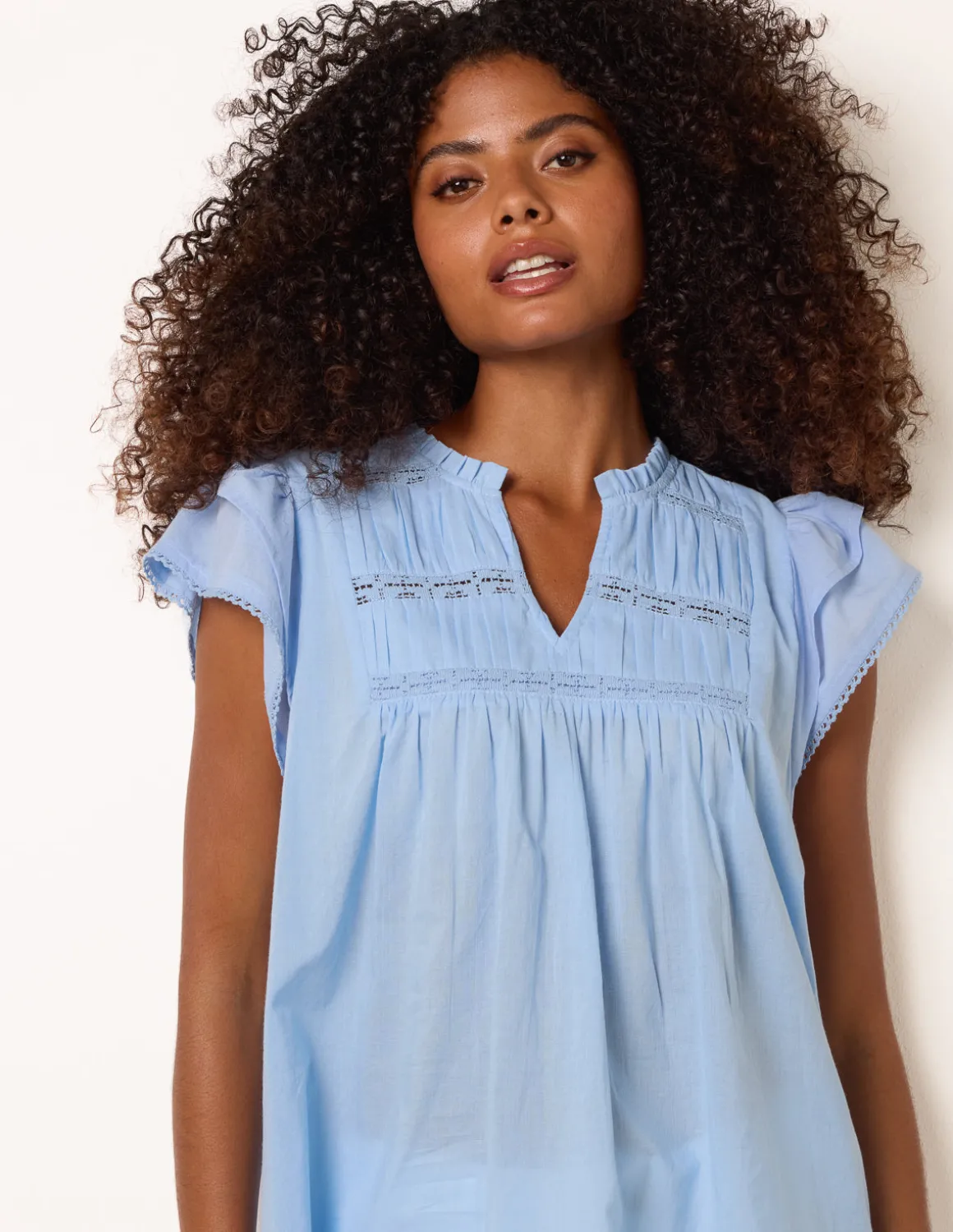 Cotton Embroidery Detail Ruffle Sleeve Top
