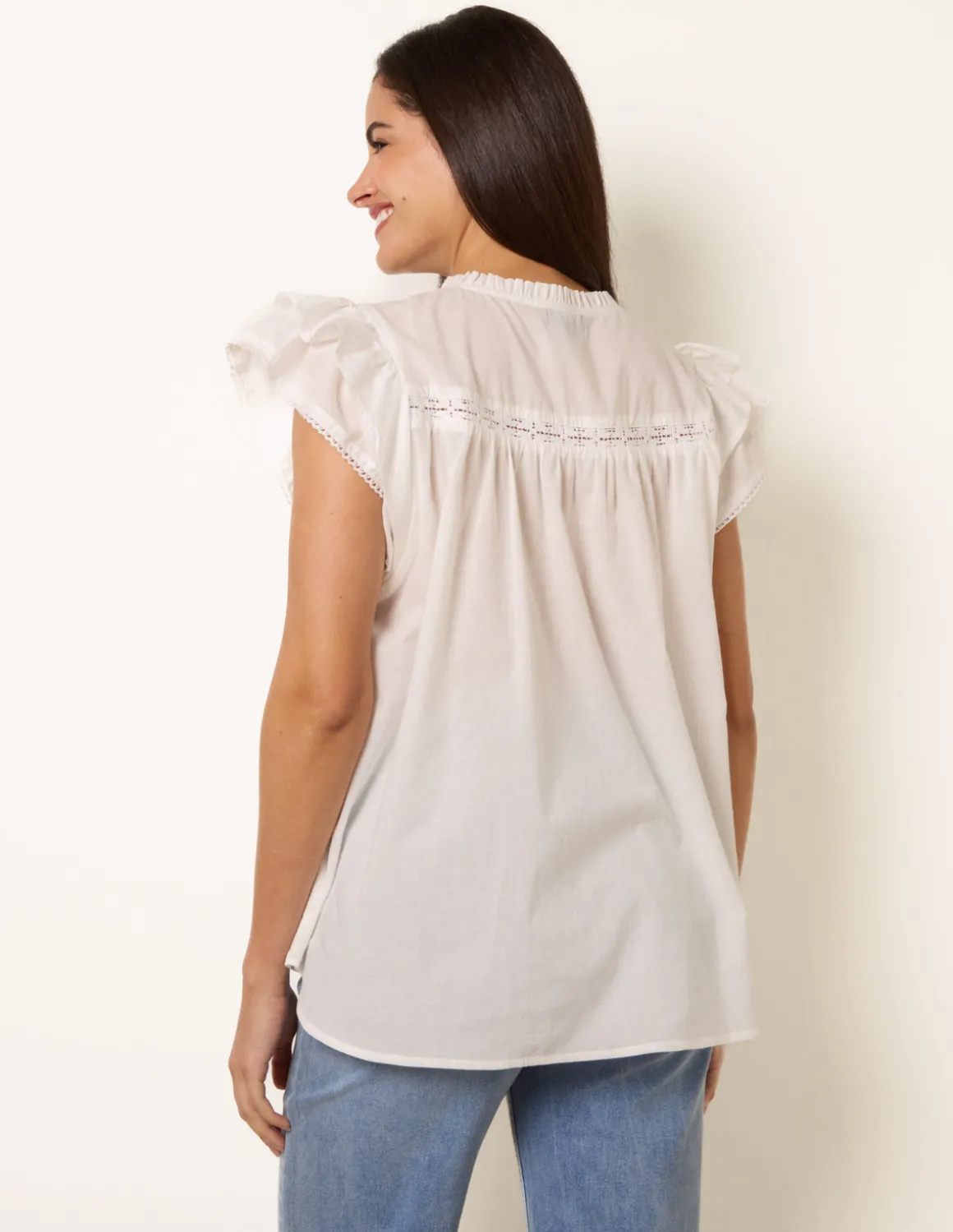 Cotton Embroidery Detail Ruffle Sleeve Top