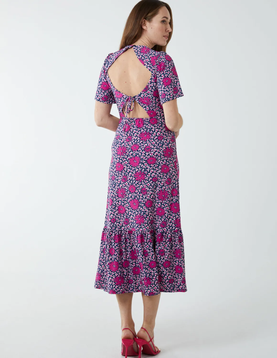 Crew Neck Midi Angel Sleeve Tie Open Back Dress