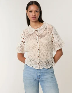 Crochet Short Sleeve Button Front Shirt