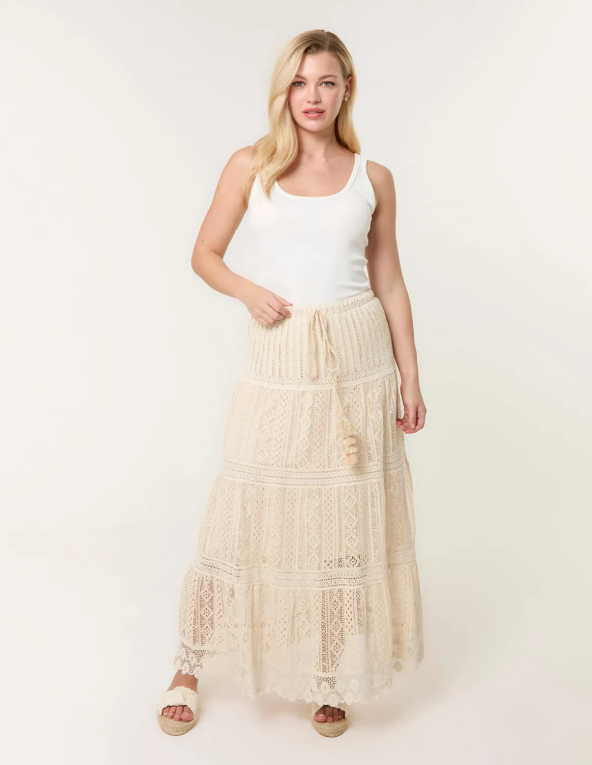 Crochet Tassel Tie Front Maxi Skirt