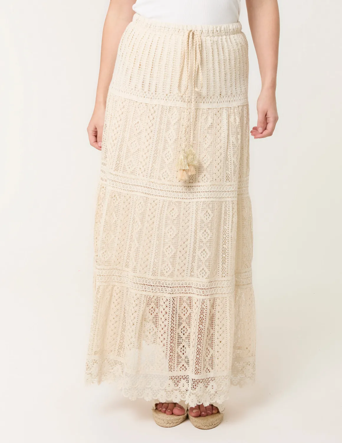 Crochet Tassel Tie Front Maxi Skirt