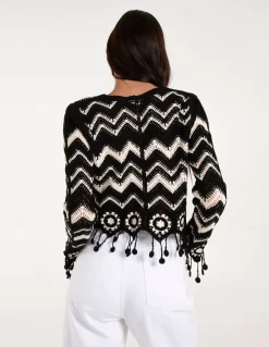Crochet Zig Zag Tassel Detailed Button Front Cardigan
