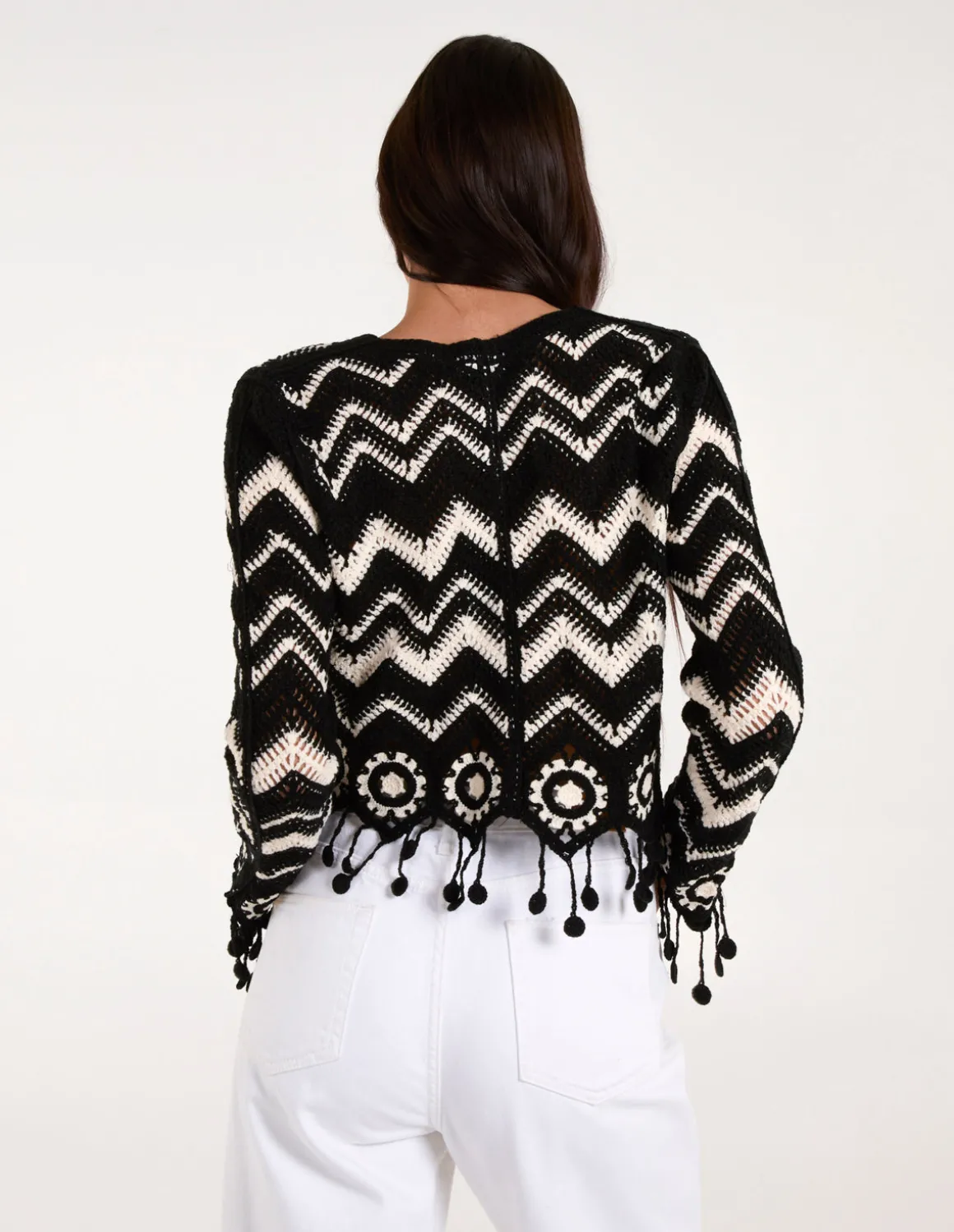 Crochet Zig Zag Tassel Detailed Button Front Cardigan