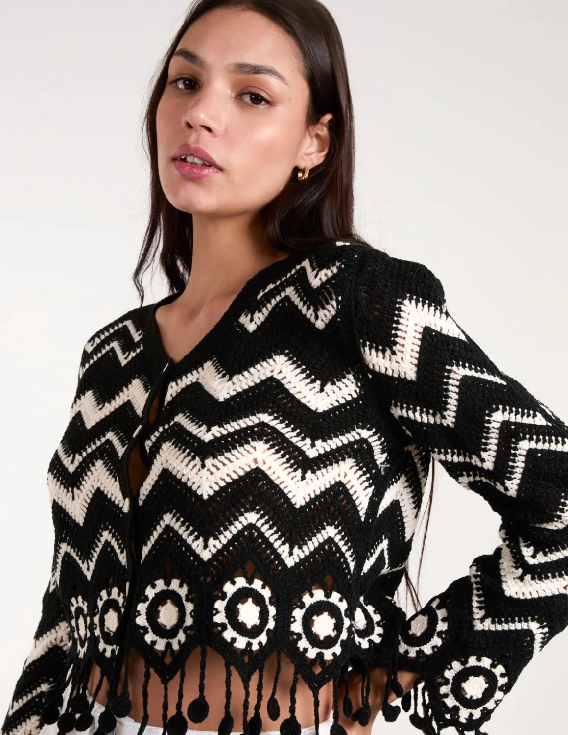 Crochet Zig Zag Tassel Detailed Button Front Cardigan