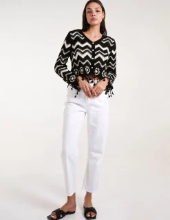 Crochet Zig Zag Tassel Detailed Button Front Cardigan