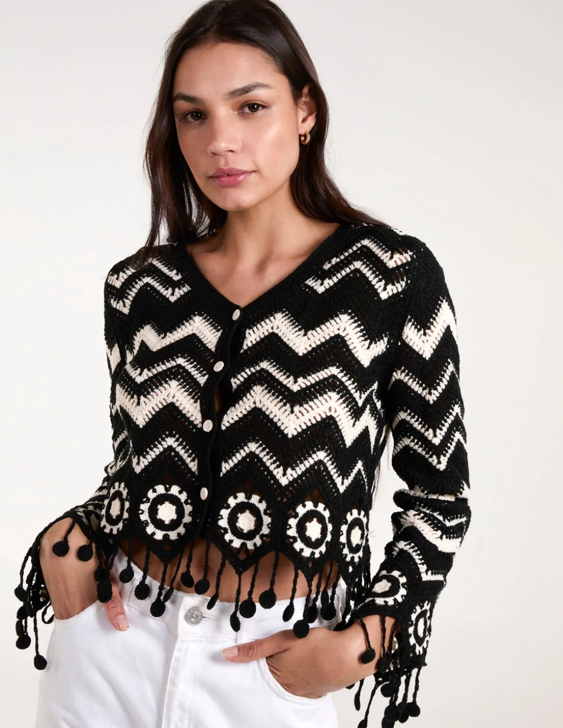 Crochet Zig Zag Tassel Detailed Button Front Cardigan