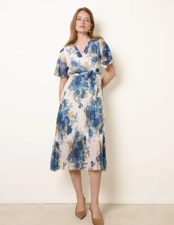 Crossover Pleated Print Dress