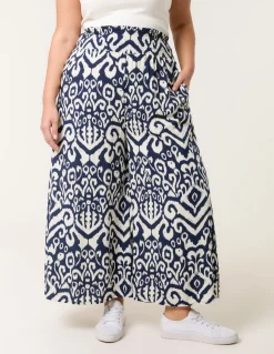 Curve Abstract Printed Shirred Waist Wide Leg Trousers