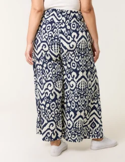Curve Abstract Printed Shirred Waist Wide Leg Trousers