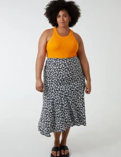 Curve Asymmetric Seam Midi Skirt