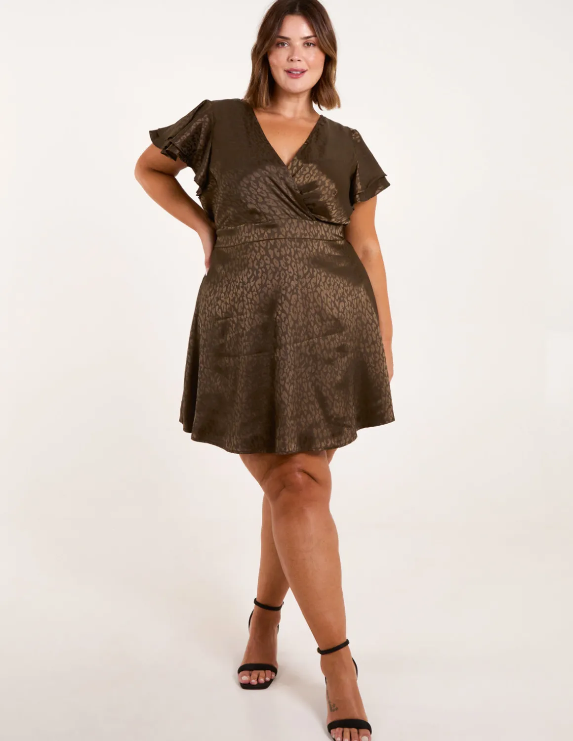 Curve Leopard Jacquard Frill Sleeve Mini Dress