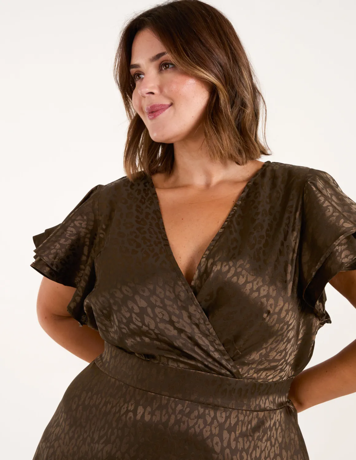 Curve Leopard Jacquard Frill Sleeve Mini Dress