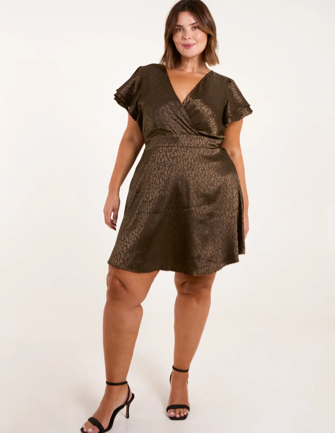 Curve Leopard Jacquard Frill Sleeve Mini Dress