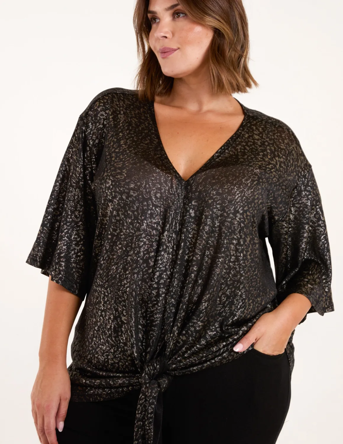 Curve Leopard V Neck Tie Front Top