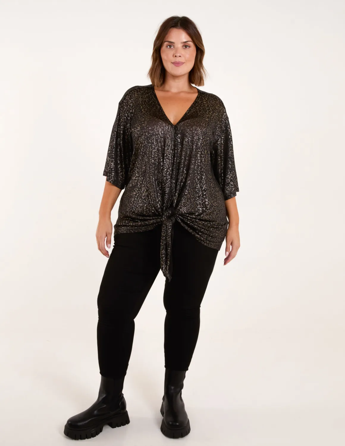 Curve Leopard V Neck Tie Front Top
