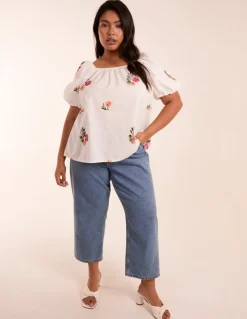 Curve Milkmaid Flower Embroidered Top