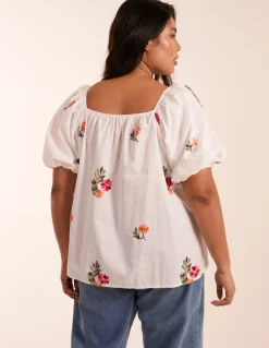 Curve Milkmaid Flower Embroidered Top