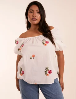 Curve Milkmaid Flower Embroidered Top