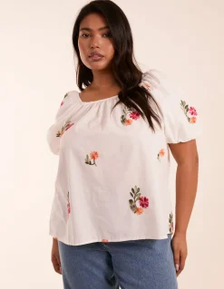 Curve Milkmaid Flower Embroidered Top