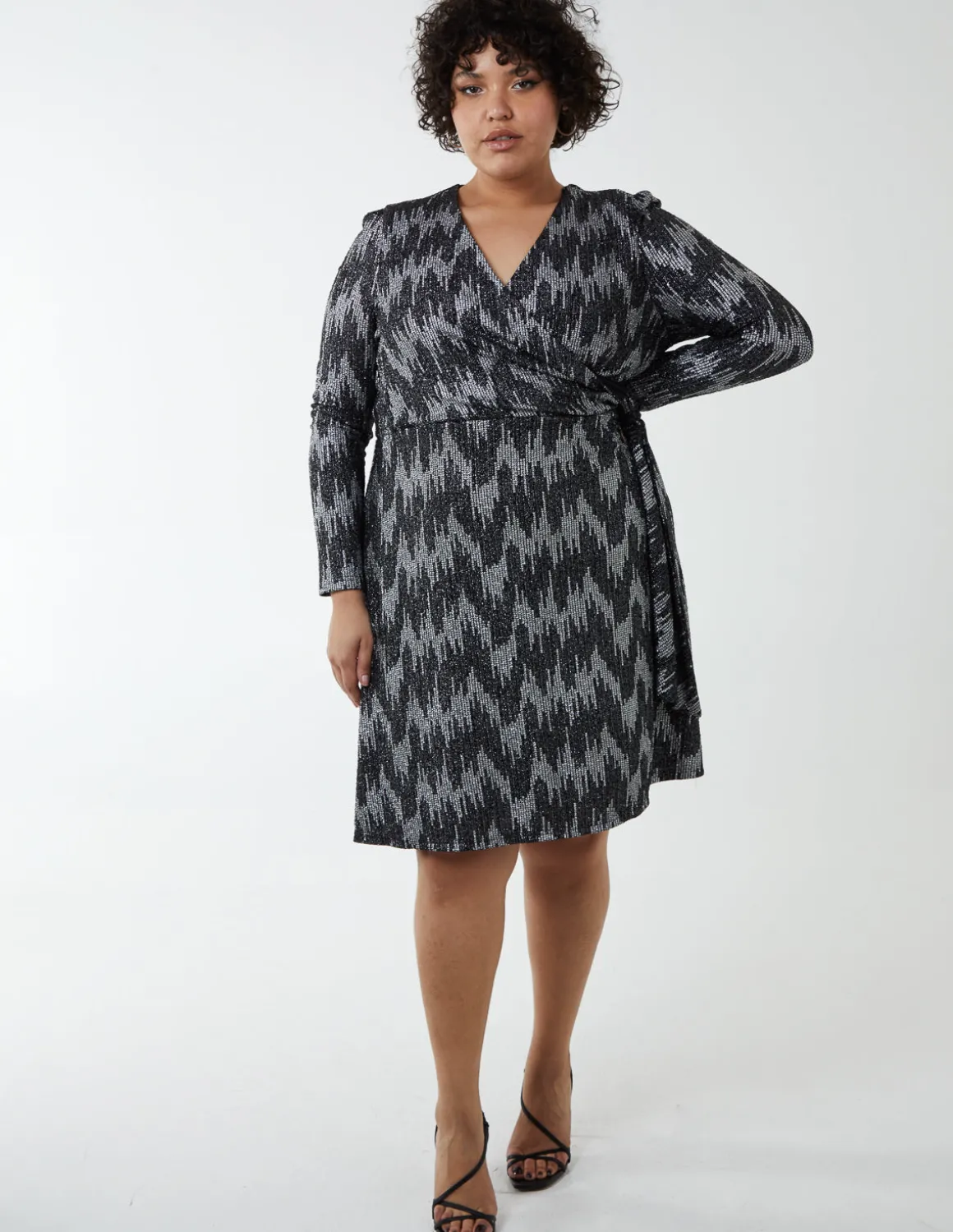 Curve Sparkly Fixed Wrap Skater Dress With Tie