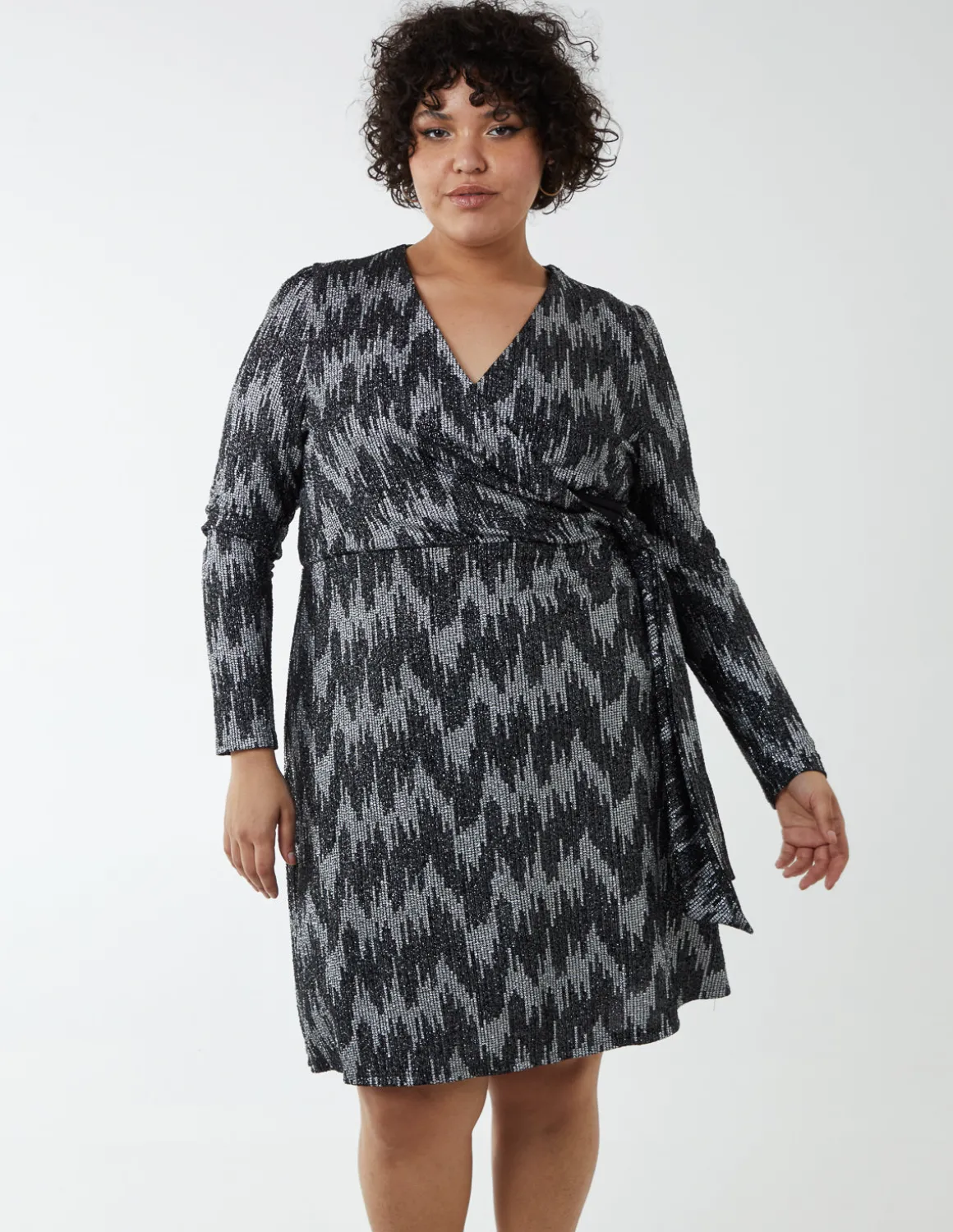 Curve Sparkly Fixed Wrap Skater Dress With Tie