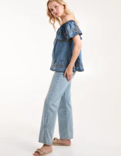 Denim Embroidered Bardot Top