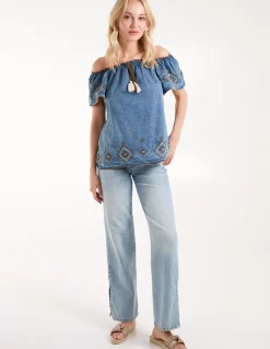 Denim Embroidered Bardot Top