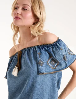 Denim Embroidered Bardot Top