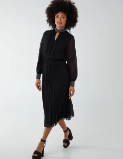 Diamante Collar Pleated Skirt Midi Dress