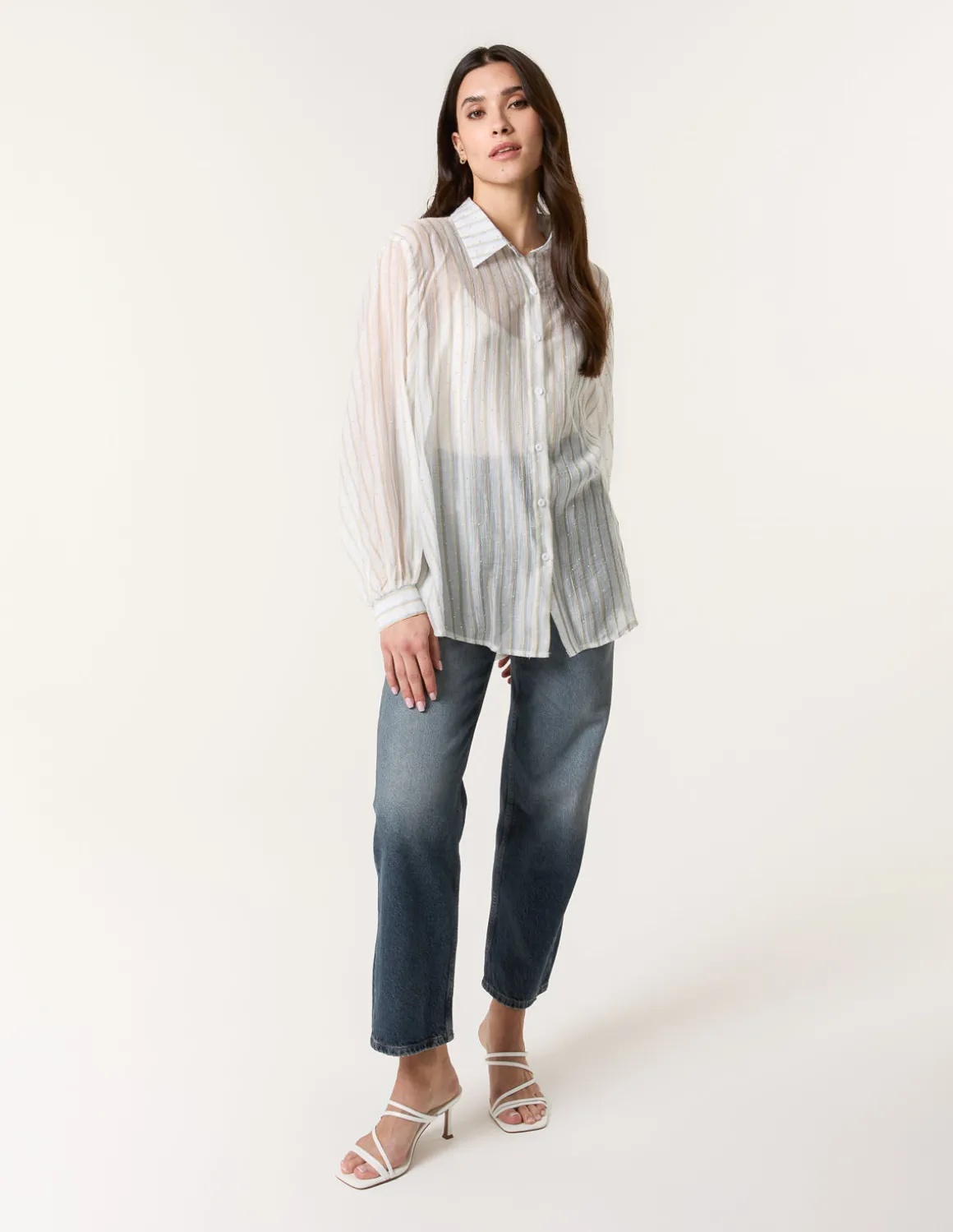 Diamante Detailed Shirt With Vertical Stripes